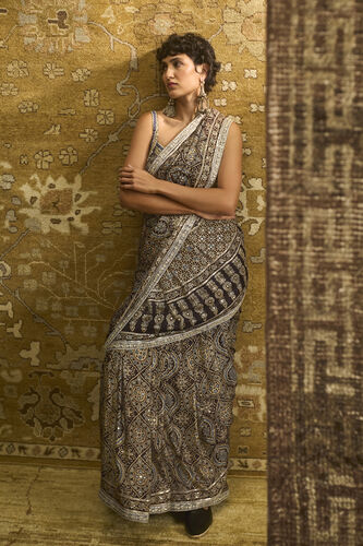 Zansi Ajrakh Hand-block Printed Silk Saree - Black, Black, image 1